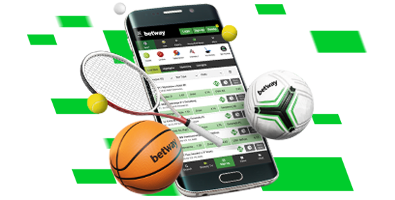Smartphone displaying the betway app surrounded by various sporting balls. Betway Welcome Offer